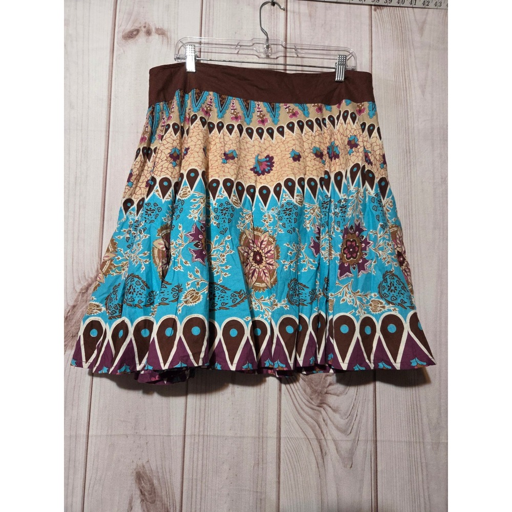 Rene Margo Womens XL Boho Floral A-Line Skirt Turquoise Brown Cotton Lined